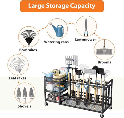 Garden Tool Organizer with Wheels-Movable Garden Tool Rack with Storage Hooks - Image 3