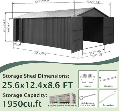 Domi 12'x25' Outdoor Metal Garage Shed, Weatherproof Enclosed Carport - Image 2