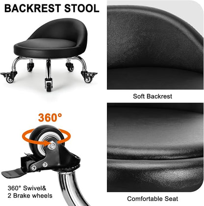 Rolling Stool with Backrest Low Height Rolling Stool with PU Leather, Roller - Image 4