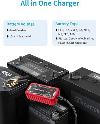 FOVAL 2-Amp Car Battery Charger, 6V and 12V Portable Automatic Smart Charger - Image 2