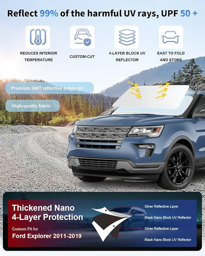 Windshield Sun Shade for 2011-2019 Ford Explorer SUV, ST XLT, Platinum - Image 2