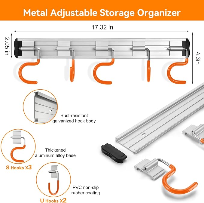 69'' Aluminum Alloy Garage Tool Organizer Hooks, Broom Holder Wall Mount - Image 2