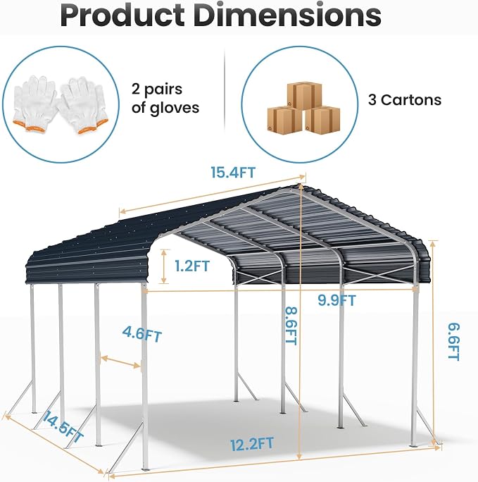 10x15 Ft Carport, Heavy Duty Metal Car Port, All-Weather Protection, Easy - Image 2
