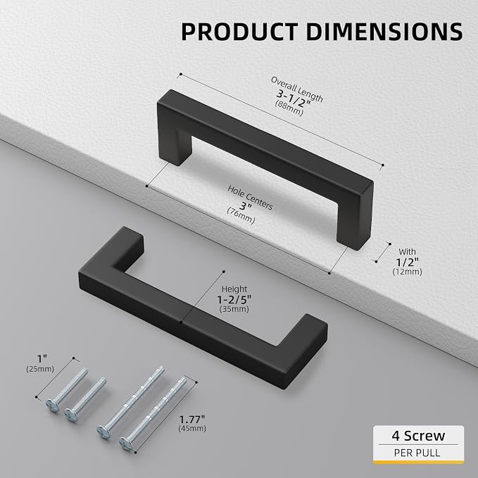 goldenwarm 3 Inch 100 Pack Matte Black Flat Square Bar Kitchen Hardware Closet - Image 2