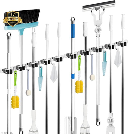 2 Pack Mop and Broom Holder Wall Mount, 5 Racks and 4 Hooks Broom Organizer by AceMining