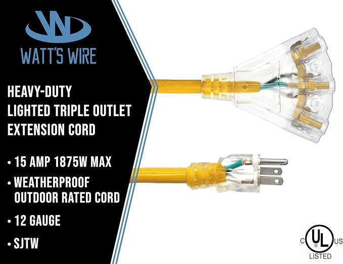 75 ft - 12 Gauge Heavy Duty Extension Cord - 3 Outlet Lighted SJTW - - Image 2