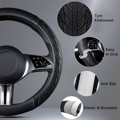 CAR PASS Leather Rubber Steering Wheel Cover 14 1/2” -15”, Tire Tread Pattern - Image 7