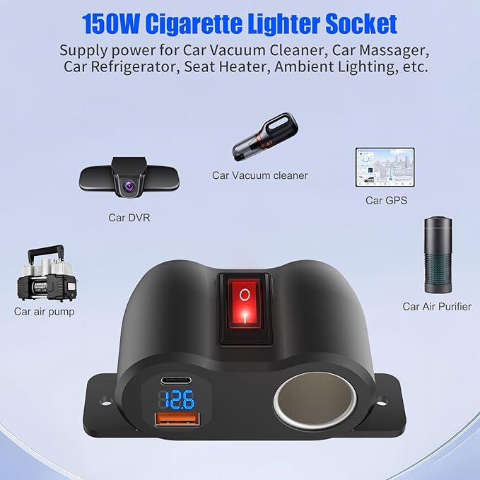 2-in-1 Surface Mount 12V USB Outlet Cigarette Lighter Socket, PD 30W and QC18W - Image 3