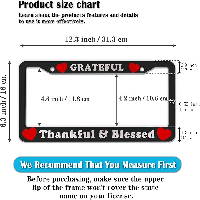 License Plate Frames Black, and Red License Plate Cover Grateful Thankful and - Image 2
