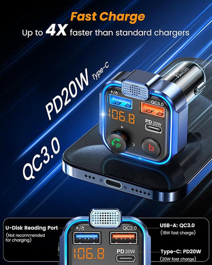 LENCENT FM Transmitter in-Car Adapter, Type-C PD 20W+ QC3.0 Fast USB Charger - Image 5