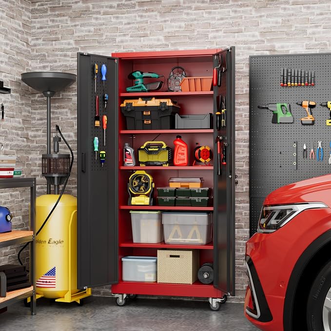 Garage Storage Cabinet with Pegboard and 5 Adjustable Shelves, Tool Storage - Image 9
