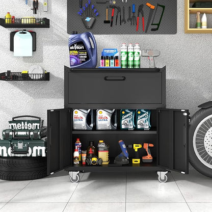 Metal Storage Cabinet with Wheels, Lockable Garage Cabinet with 2 Doors and 1 - Image 2