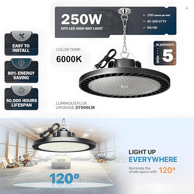 6Pack 250W UFO LED High Bay Light, 30000lm 6000K Daylight 2500W Equivalent - Image 2