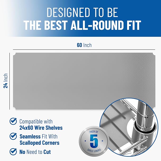 Shelf Liners for Wire Shelf System: Set of 5 in Graphite: 24 x 60 inch: Plastic - Image 2