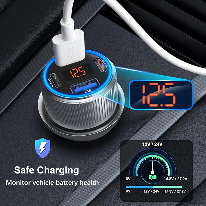 Car Charger USB C, 65W Multi Port Dual 12V Cigarette Lighter USB Car Charger - Image 4