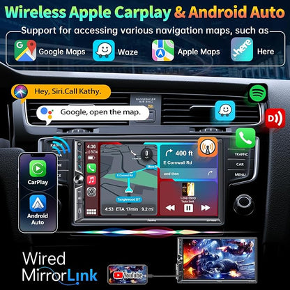 Double Din Car Stereo with Wireless Apple CarPlay and Android Auto, Mirrorlink - Image 2