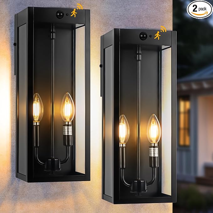 Black Motion Sensor Outdoor Lights 2-Light, 16” Modern Dusk to Dawn Sensor by Brighteningspacesmoments