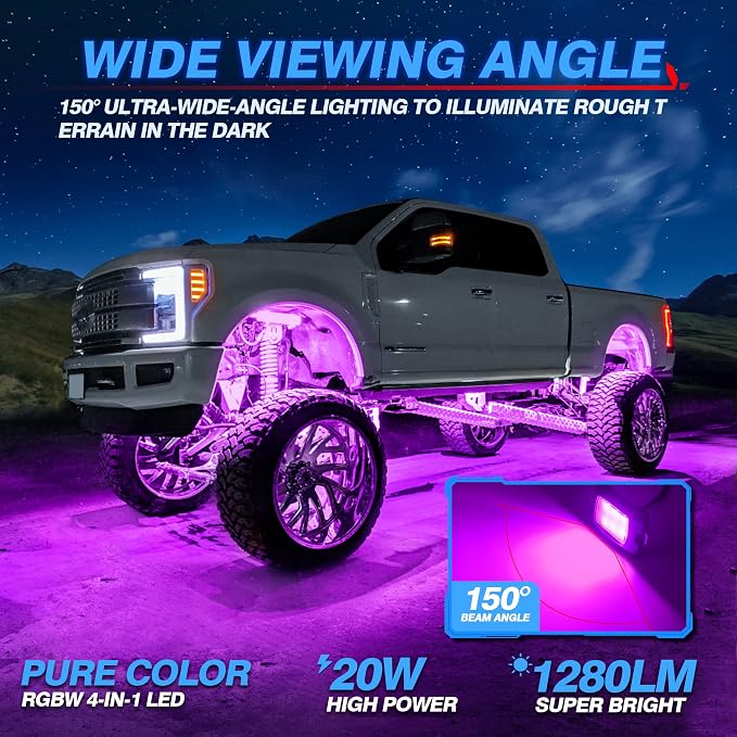 MICTUNING Q1 RGBW Rock Lights, 4 Pods Pure Color Underglow Neon Multicolor - Image 4