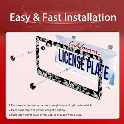 Black White Tropical Leaf License Plate Frame License Plate Stainless Steel - Image 3