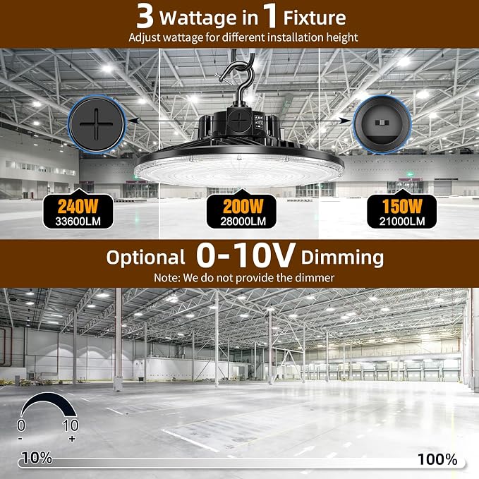 6 Pack 480V LED High Bay Light UL DLC Listed UFO Light 240W 200W 150W Adjustable - Image 3