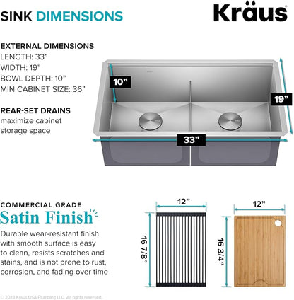 KRAUS Kore 33-Inch Undermount Workstation 16 Gauge Double Bowl Stainless Steel - Image 4