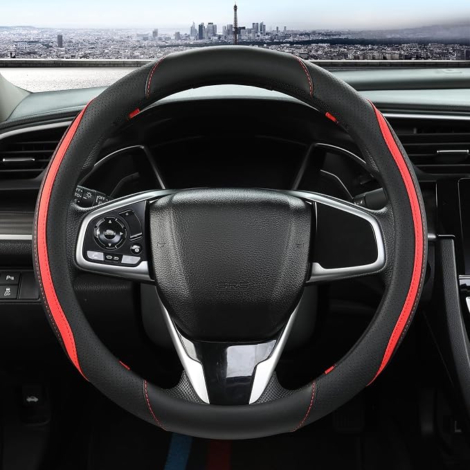 Car Steering Wheel Cover, Leather Steering Wheel Cover Red Universal 14.5-15 by Szttswamp
