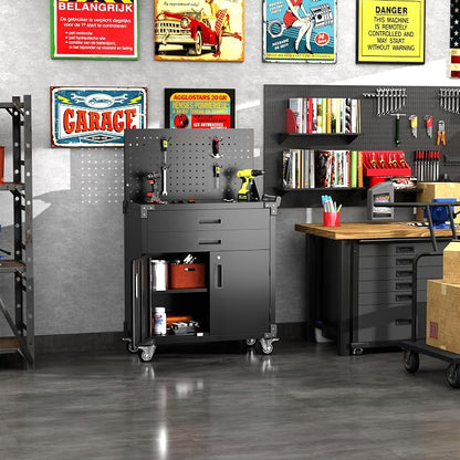 Tool Chest, Tool Cart with 2 Drawer and Lockable Doors, Garage Storage Cabinet - Image 6