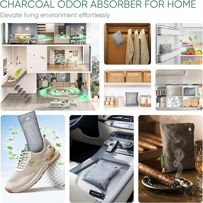 Activated Charcoal Odor Absorber, 8 Pack w Hooks Nature Odor Eliminator - Image 6