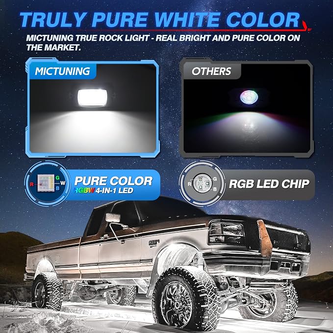 MICTUNING Q1 RGBW Rock Lights, 4 Pods Pure Color Underglow Neon Multicolor - Image 2
