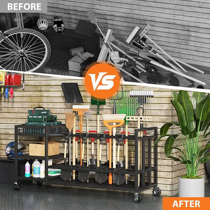 Garden Tool Organizer with Wheels-Movable Garden Tool Rack with Storage Hooks - Image 4
