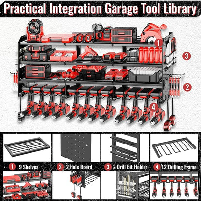 Large Power Tool Organizer Wall Mount-12 Drill Holder, Metal Heavy Duty Garage - Image 3