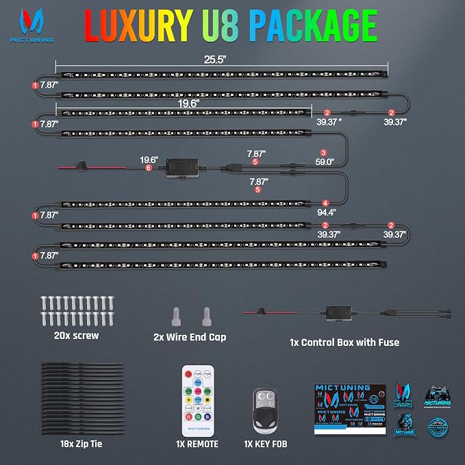 MICTUNING U8 RGB Underglow LED Light Bar, Dual Remote Control, Car SUV Exterior - Image 8