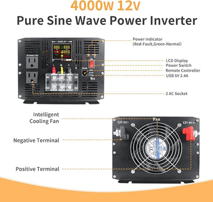 4000 Watt Pure Sine Wave Power Inverter DC 12V to 110V/120V AC Converter - Image 2