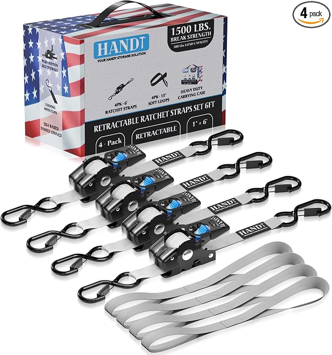 HandT USA Based Retractable Ratchet Straps 1in x 6ft by HANDT