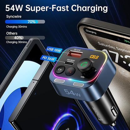 Syncwire Bluetooth 5.4 FM Transmitter Car Adapter 54W Wireless Radio Receiver - Image 4
