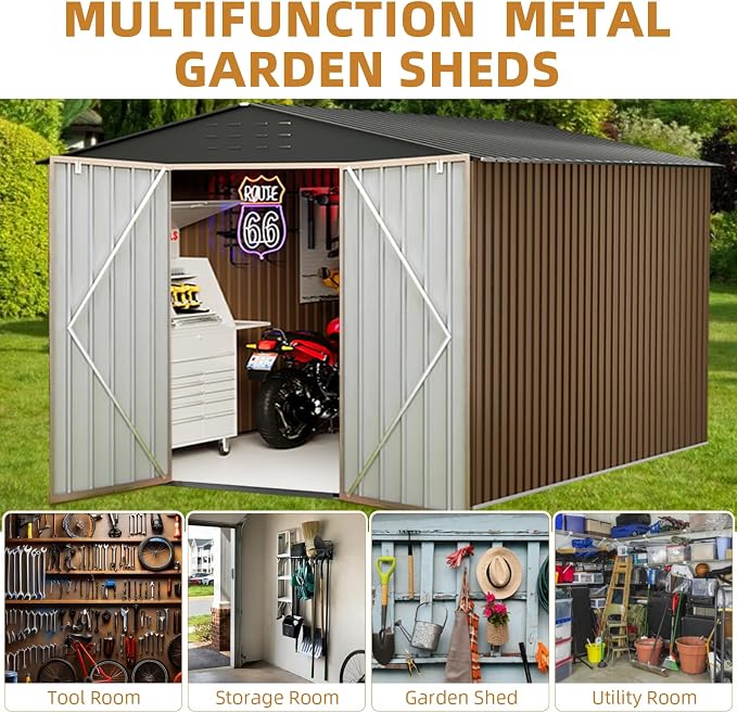 10x10FT Outdoor Metal Storage Shed, Lockable Weatherproof Garden Shed - Image 6