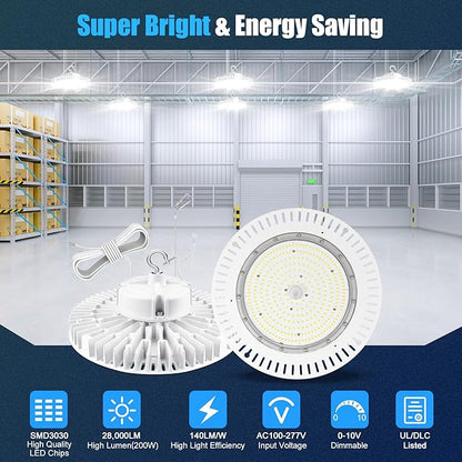 200W High Bay LED Light AC100-277V 29, 000LM UFO Lighting 0-10V Dimmable 5000K - Image 2