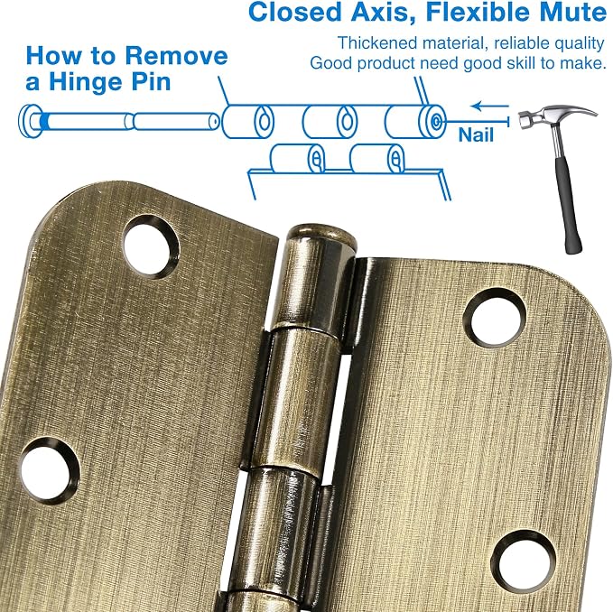 12 Pack Antique Brass Door Hinges 3.5 Inch Interior 3 1/2" Round 5/8" Radius - Image 4