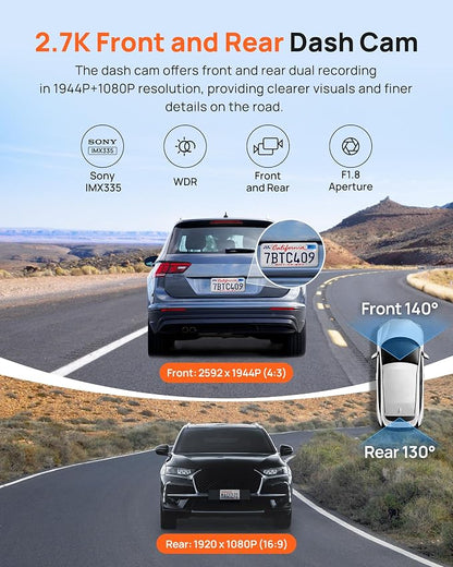 70mai 2.7K Dash Cam Front and Rear A500S, Dual Dash Camera - Image 2
