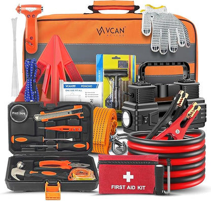 Car Emergency Kit with Portable Air Compressor, First Aid Kit, Jumper Cables by VCANACTIVE