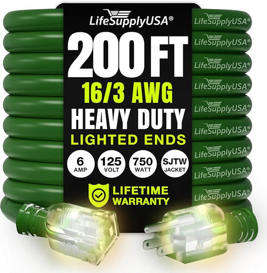 200ft Outdoor/Indoor Extension Cord 16/3 Gauge Heavy Duty 3 Prong SJTW by LifeSupplyUSA