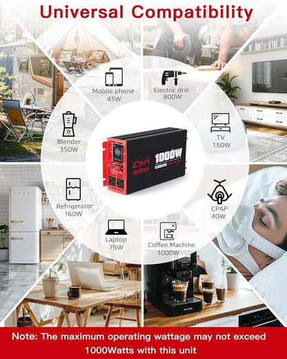 1000 Watts Pure Sine Wave Power Inverter 12V DC to 110V 120V AC Converter - Image 7