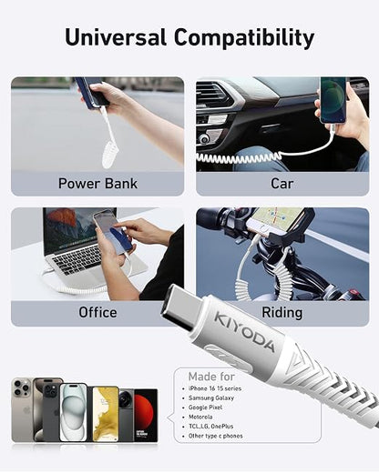 USB C to C Cable 6ft for Car, Coiled Braided USB Type C Cable 66W Fast Charging - Image 7