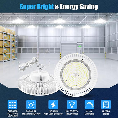 240W LED High Bay Light, AC100-277V 33, 600LM 0-10V Dimmable UL Listed IP65 - Image 2