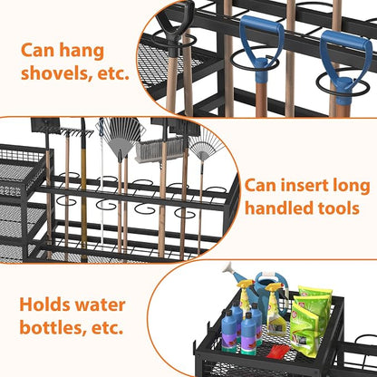 Garden Tool Organizer with Wheels-Movable Garden Tool Rack with Storage Hooks - Image 5