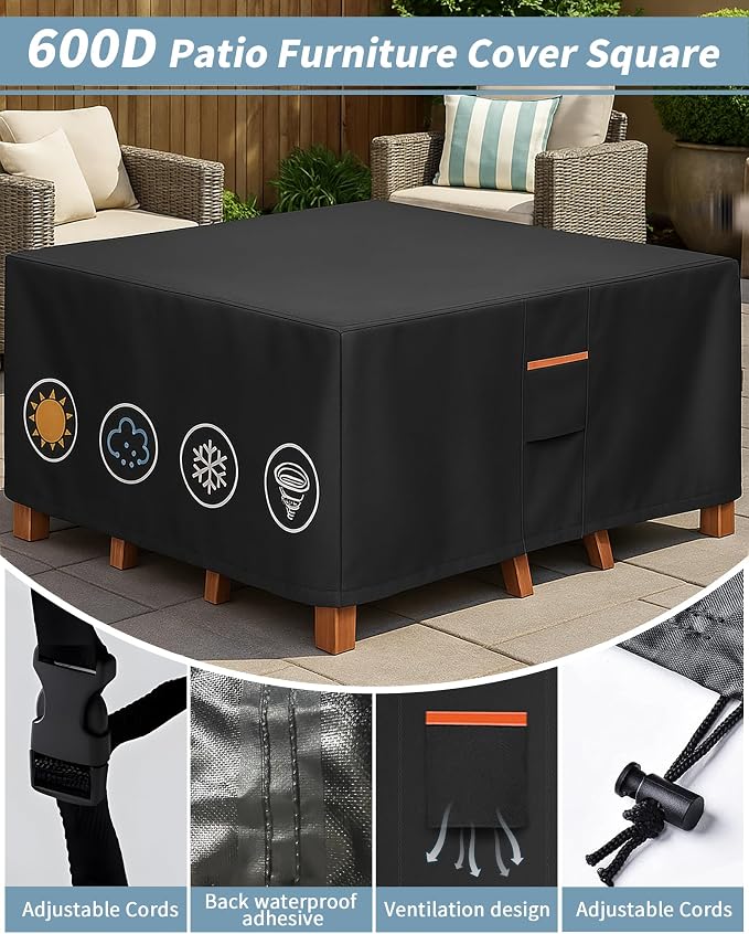Outdoor Waterproof Furniture Cover, 74W x 74L x 28H inches Heavy Duty 600D - Image 5