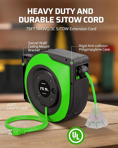 DEWENWILS Retractable Extension Cord Reel, 75 FT Heavy Duty Power Cord - Image 3