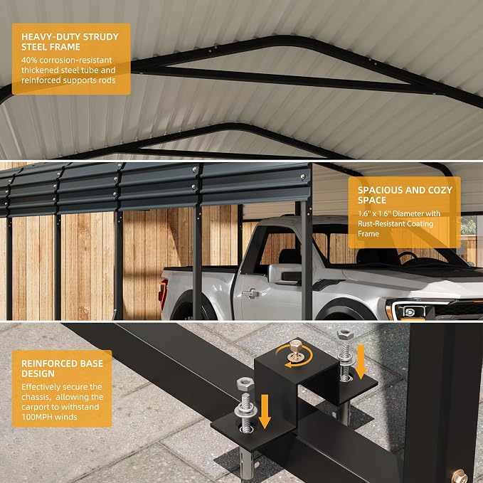 10 x 15 FT Metal Carport with Galvanized Steel Roof, Heavy Duty Metal Roof - Image 3
