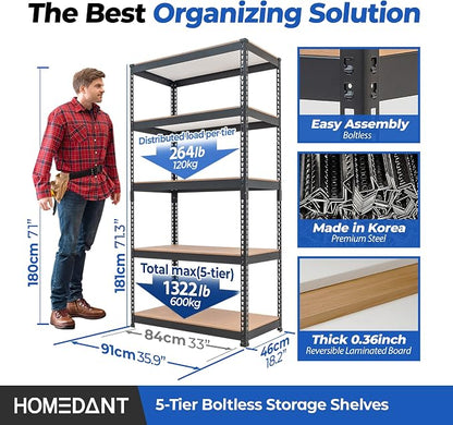 HOMEDANT 5 Tier Laminated Boltless Metal Shelving Unit Adjustable Garage - Image 2