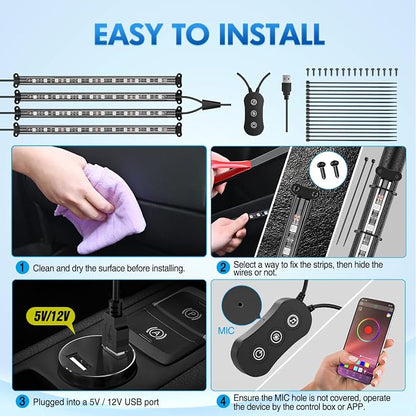 Nilight 4PCS USB Interior Car Lights 48 LEDs RGB LED Strips Lights - Image 5